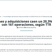 Las fusiones y adquisiciones caen un 20,3% en enero, con 161 operaciones, segn TTR
